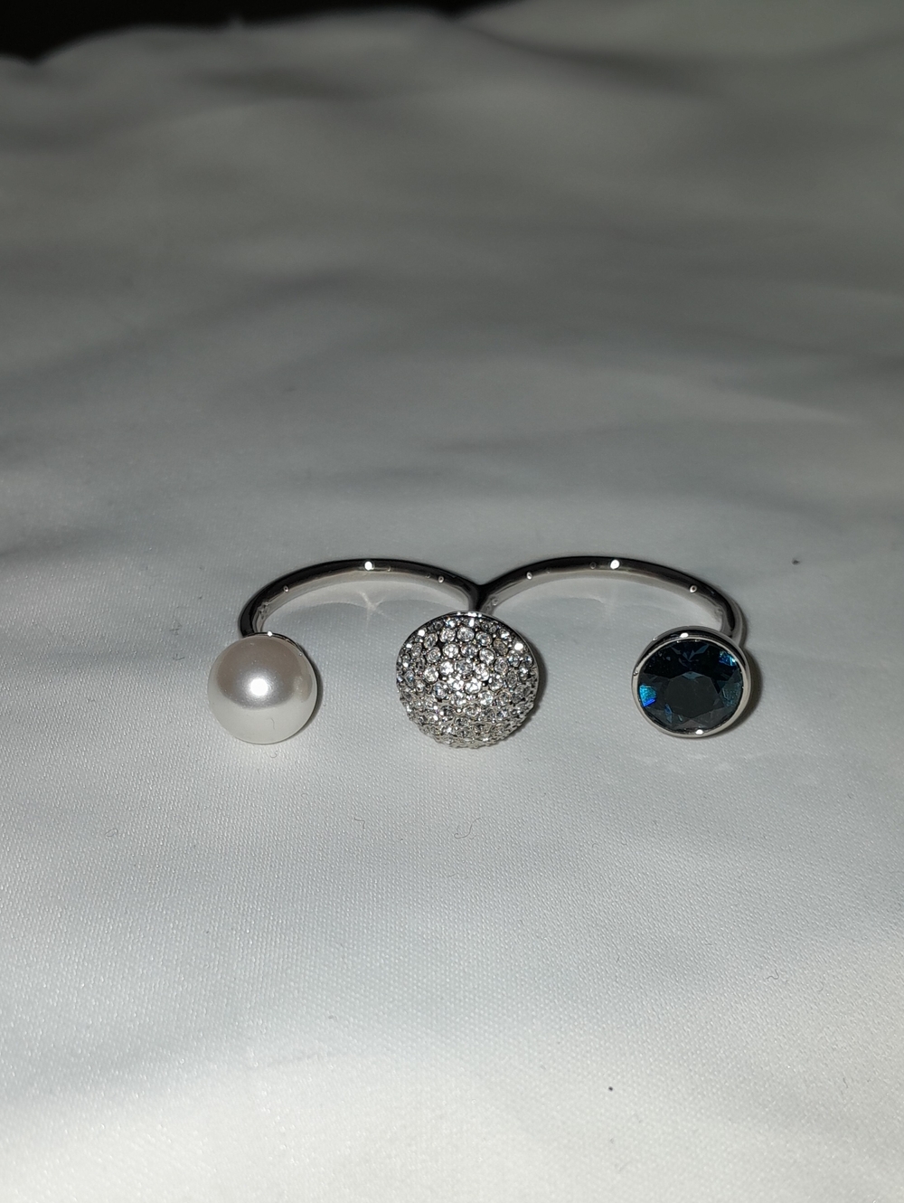 Elegant Triple-Accent Silver Ring with Pearl, Pave Crystal and Blue Gem